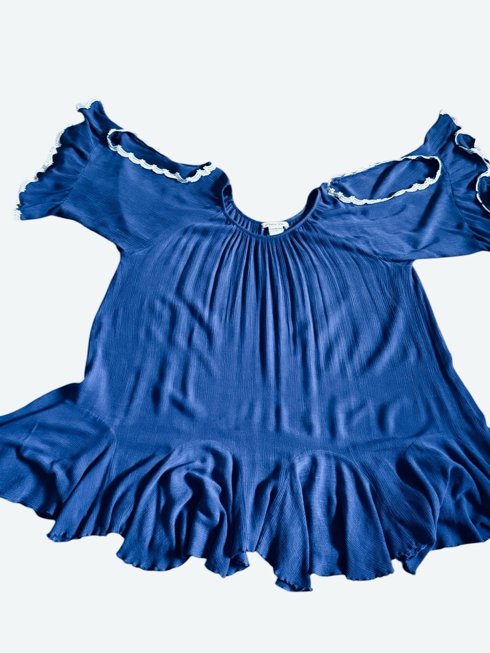 Paisley Vine Blue Cold-Shoulder Ruffle Trim Oversized Boho Tunic Top - Picture 9 of 9